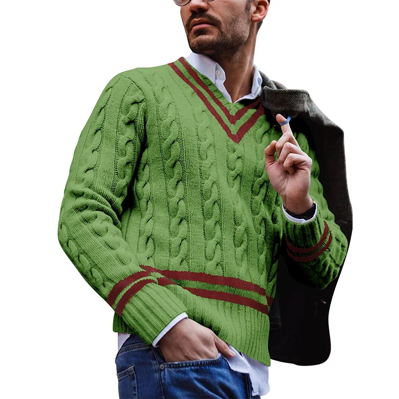 

Luxury Knit Pullover For Men Striped Color Block V Neck Sweater Autumn Winter Fashion Top Jacket