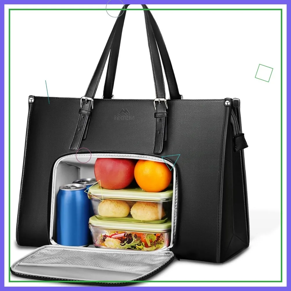 

15.6 Inch Laptop Tote Bag with Insulated Lunch Compartment, Waterproof PU Leather Briefcase for Women Office Work