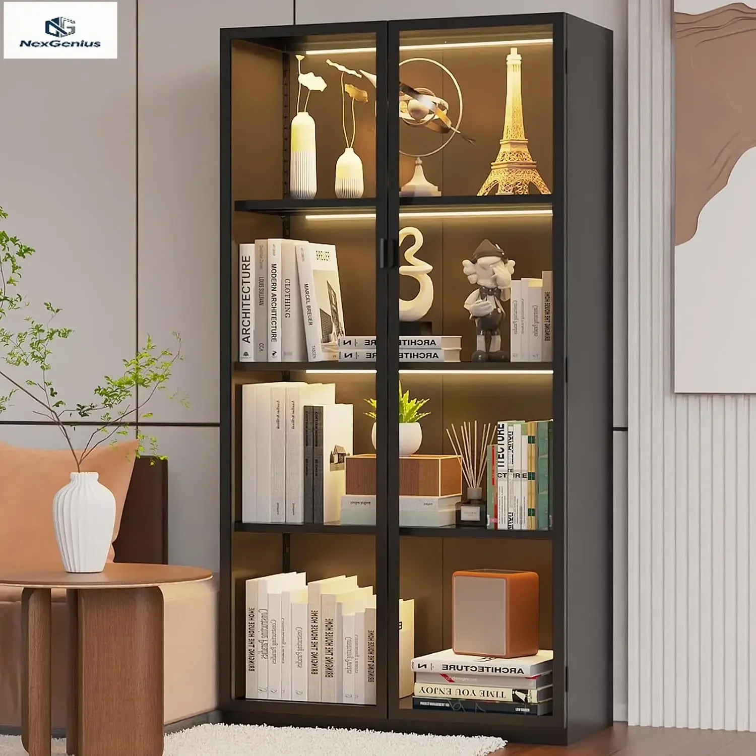 Tall Glass Display Cabinet With Adjustable Shelves Led Lights For Collectibles Living Room Bedroom Office