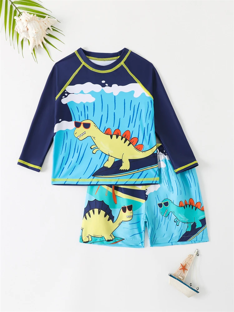 Boy Kids Swimsuit 2026 New Blue Waves Dinosaur Short Sleeve Children Swimwear Summer 2 Piece  Beach Shorts Bathing Suit Swimming