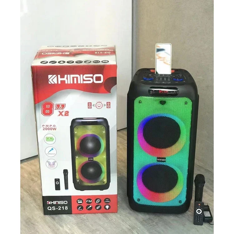 QS-218 New Trending Full Screen Flame Lamp Wireless Speaker 8inch Plastic Speaker With Wireless Microphone