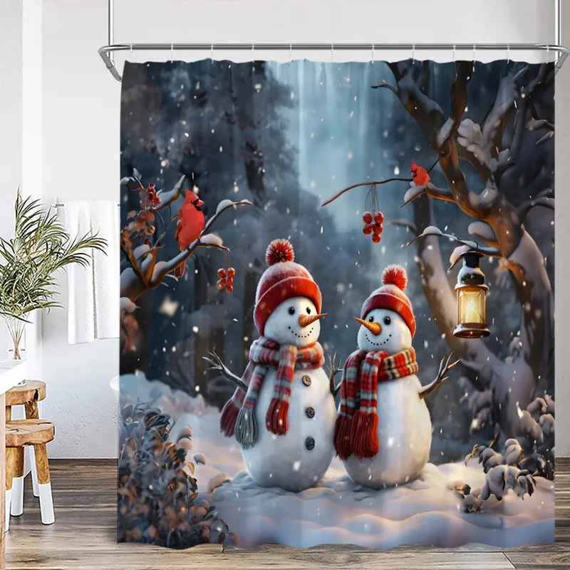 Cute Snowman Christmas Shower Curtains Santa Claus Xmas Tree Truck Winter Forest Scenery Home Bathroom Decor Bath Curtain Set