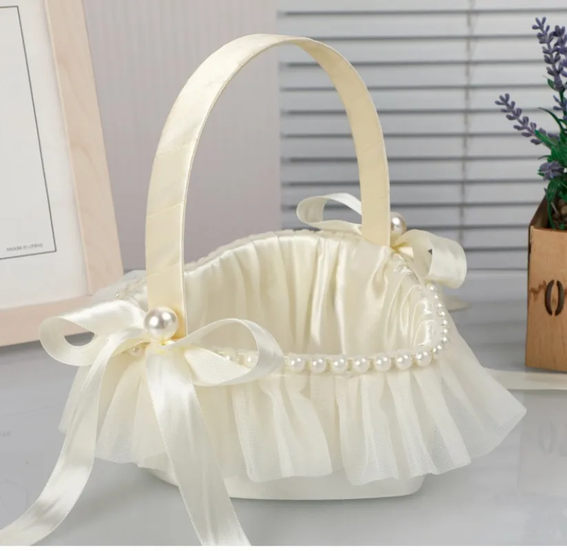 1 Pcs Wedding Love Flower Basket Pearl Bow Flower Boy Scattering Flower Basket Church Ritual Props