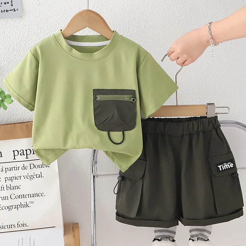 

2Piece Sets 2025 Summer Toddler Boy Outfits Korean Casual Fashion Short Sleeve Cotton Baby Tops+Shorts Kids Luxury Clothes B074