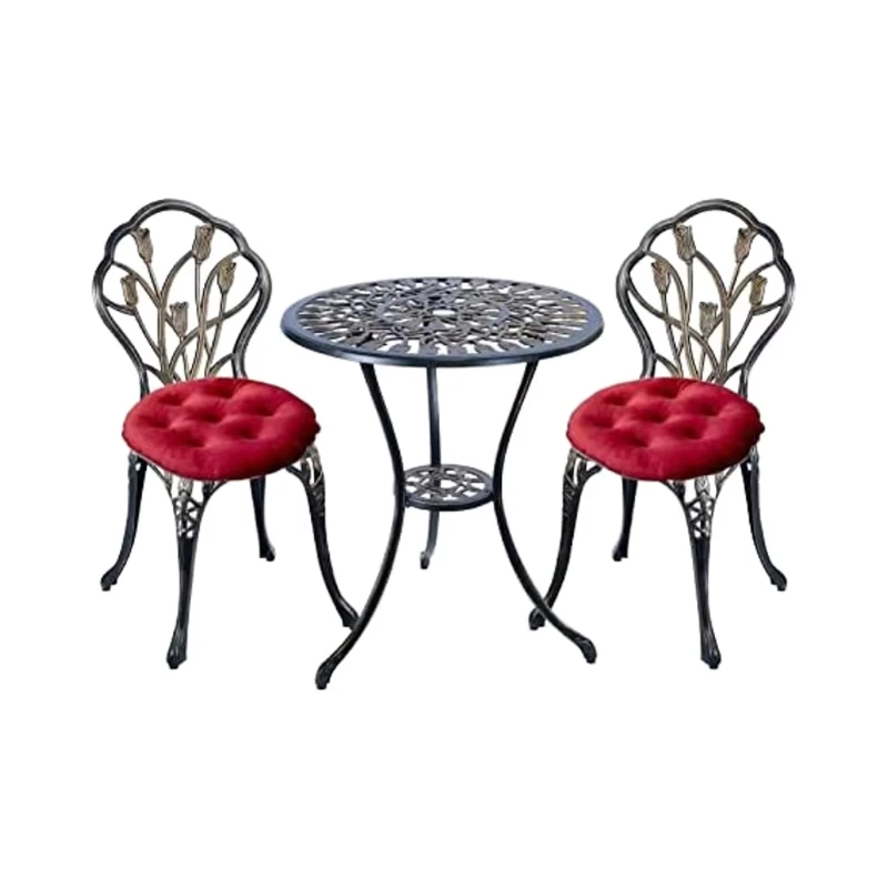 

5-Piece Rust-Proof Cast Aluminum Bistro Set Tulip Design Terrace Tables and Chairs with Outdoor Dining Cushions