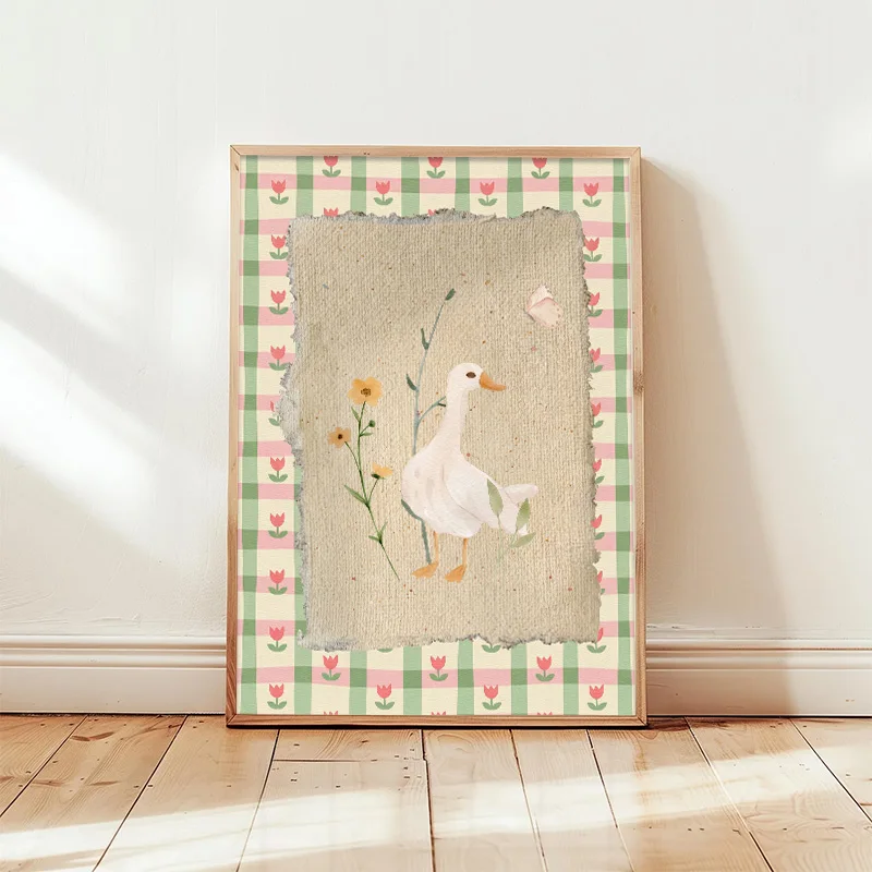 Cute White Duck Watercolor  Poster Vintage Torn Plaid Background Print Soft Pastel Farm Animal Wall Art Nursery Bedroom Decor