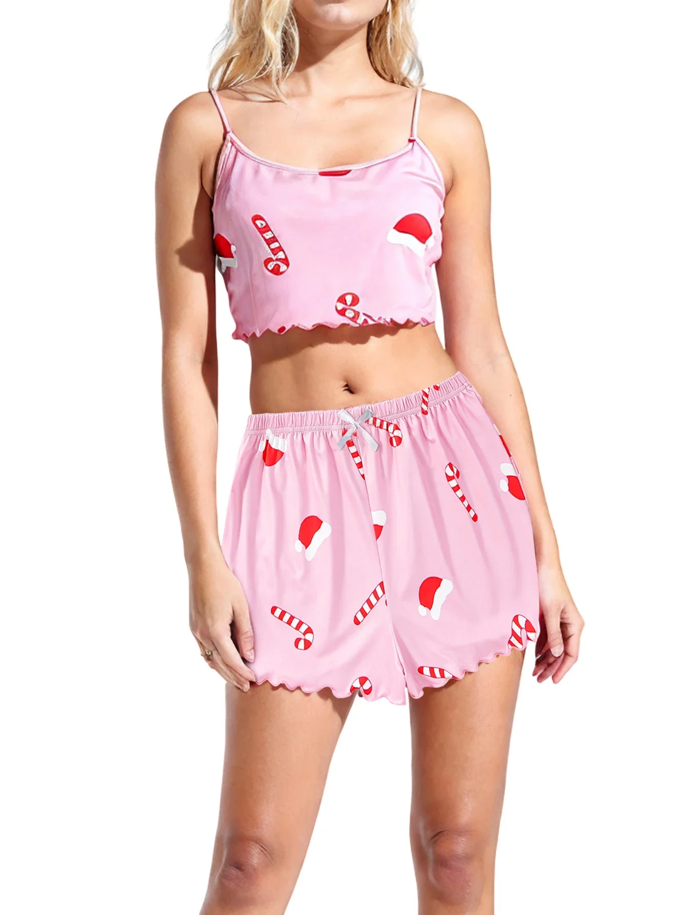 

Летний рождественский пижамный комплект для женщин, женский пижамный комплект без рукавов с принтом в рубчик, удобный пижамный комплект из ледяного шелка