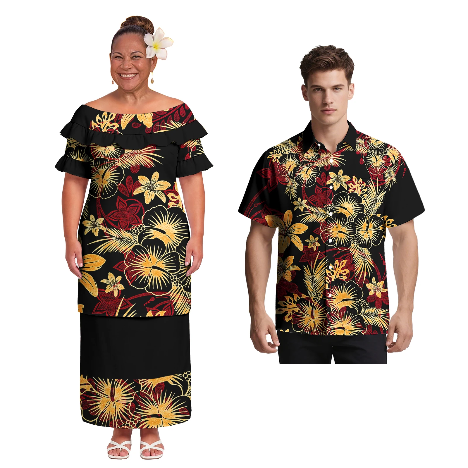 Ethnic Style Custom Samoan Polynesian Button up Design Men Shirt and Lady Maxi Dress Hawaiian Tribal Casual Couple Match Outfits