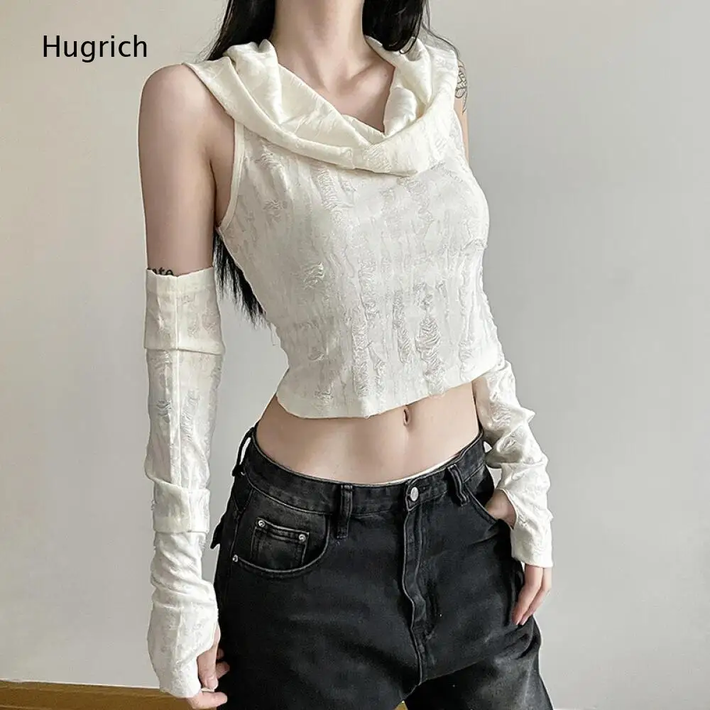 Draped Cowl Neck Slim Crop Tank Top For Women Textured Surface Detachable Thumb Sleeve Covers Daily Versatile Top
