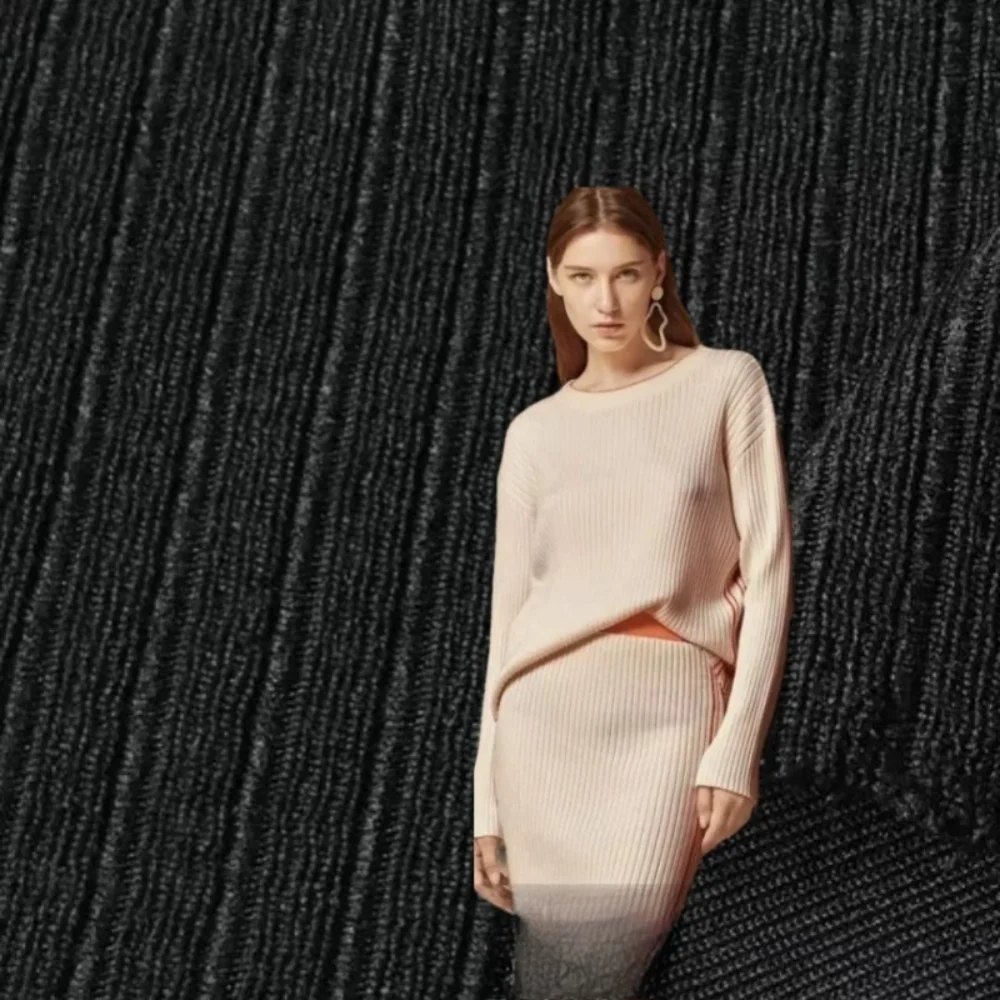 

Thickened Knitted Elastic Fabric for Autumn Winter Clothing Design Striped Two Color Pullover Threaded Pants Cloth By The Meter