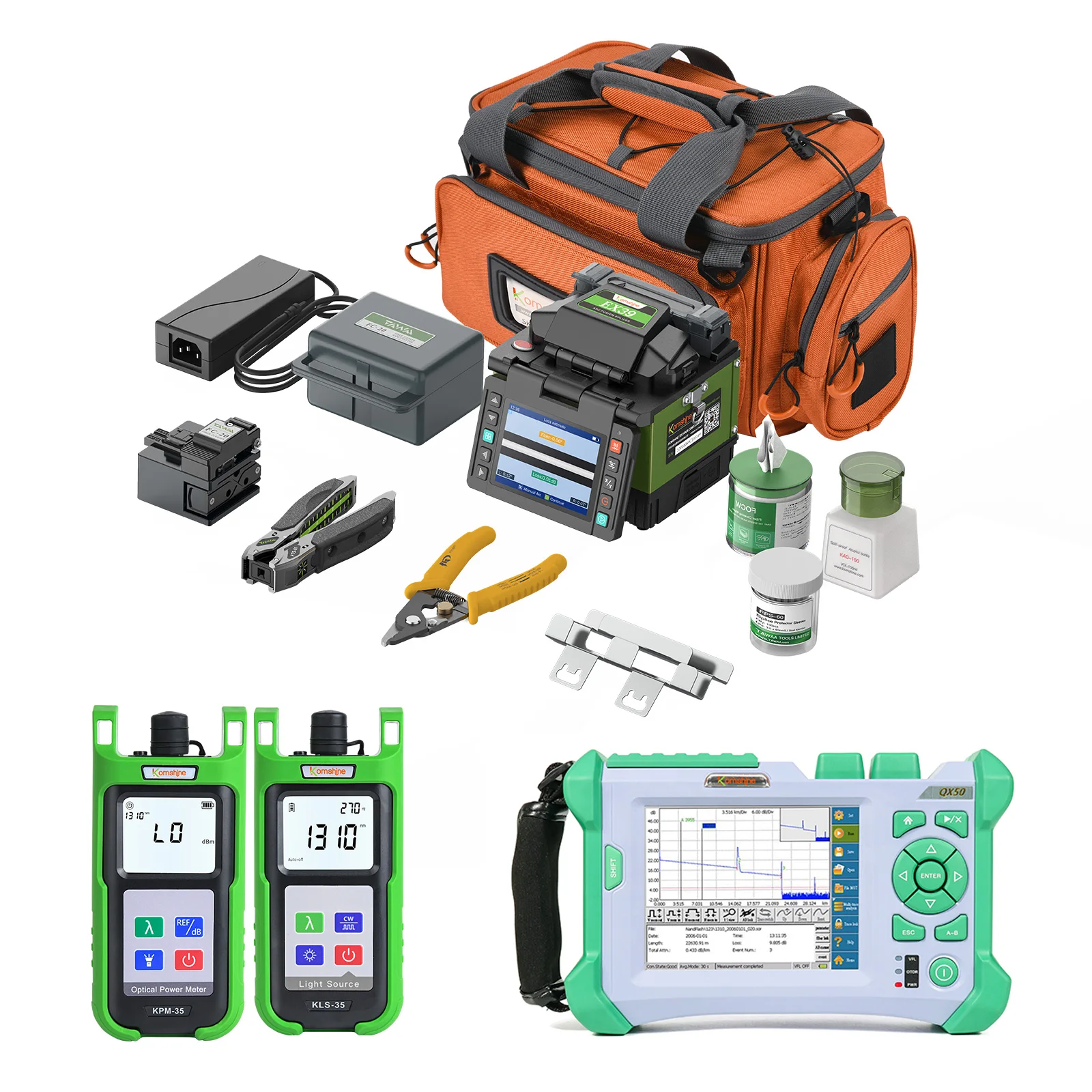 Fiber Splicing Machine EX39 Fusion Splicer Fibra Encoladora Ee Ea Fusión+QX50-S Fiber Optic OTDR 1310/1550nm+OPM+SM Light Source