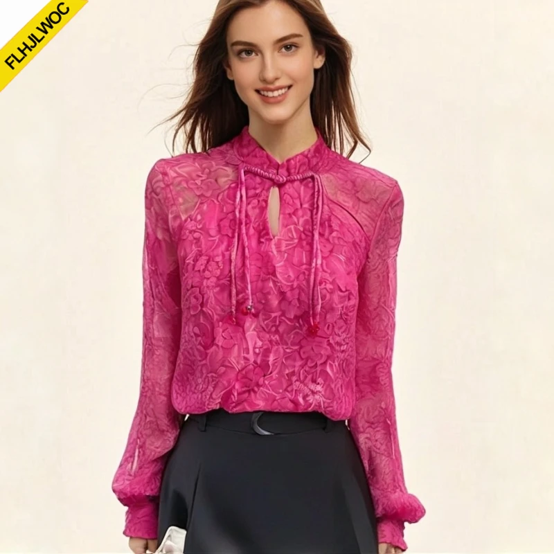 

Новогодний китайский стиль Чи-Пао, дизайн воротника-стойки, винтажные топы 2026, весенние женские офисные женские элегантные розовые рубашки в стиле ретро, блузки