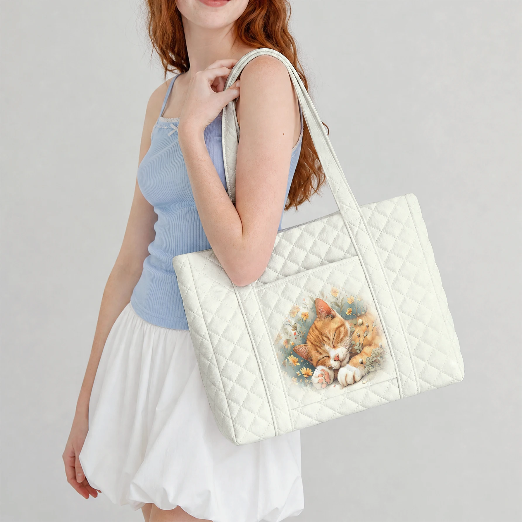 Sleeping Orange Cat Floral Print Tote Bag Large Capacity Shoulder Bag, Handbag For Shopping Travel School Work Daily Commute