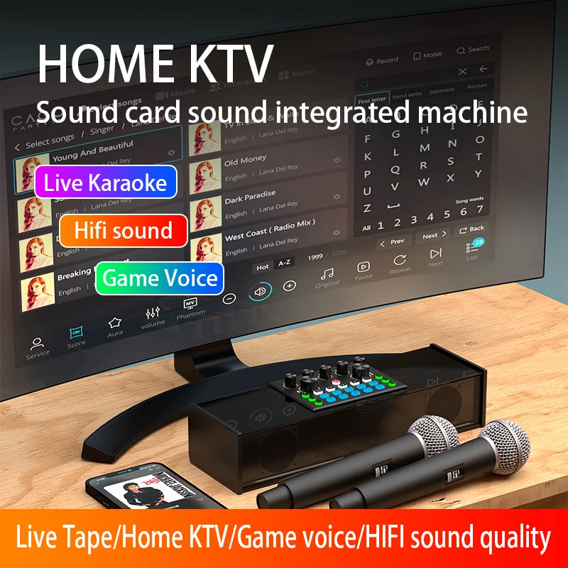 Home KTV Audio Set Wireless  Live Sound Card With Speaker Function Integrated Machine K-song Equipment TV Projector