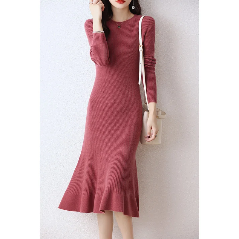 

100% Pure Wool Dresses For Women 2023 Winter New Fashion Length-keen Dress Female O-neck Clothing Freeshipping Hot Sale DR01