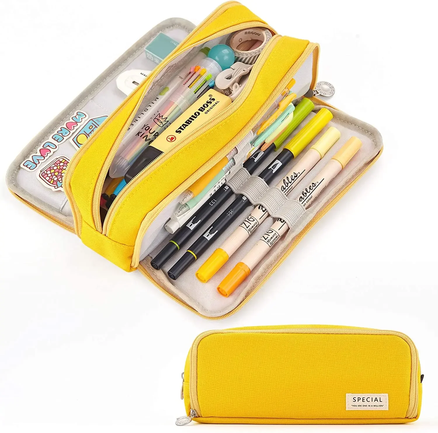 Kawaii Large Storage Pencil Case-3-Compartment Bag, Double-Side Open, Student Stationery, Desk Organizer for School Use