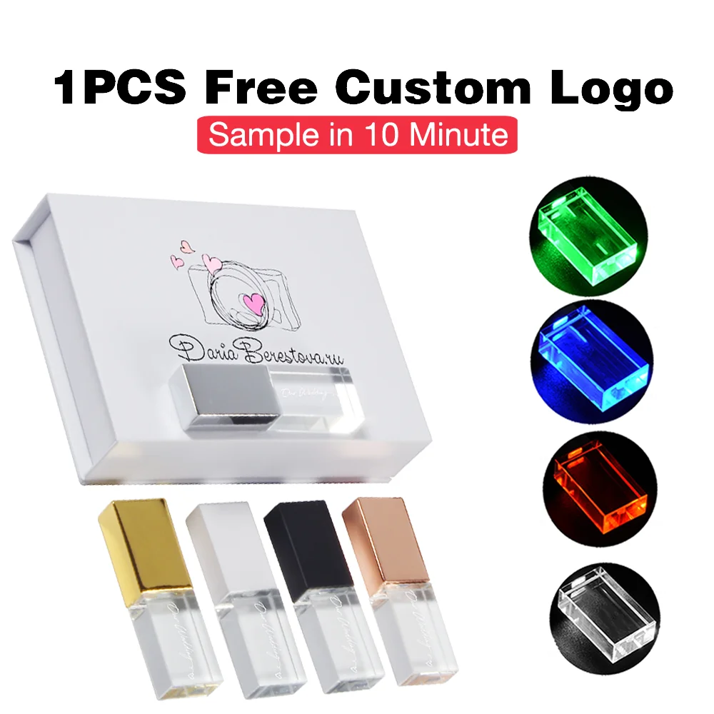 

LED USB Flash Drive 128GB Free Custom Logo Memory Stick 64GB Wedding Gift Pen Drive 32GB Paper Boxes Pendrive 16GB Business Gift