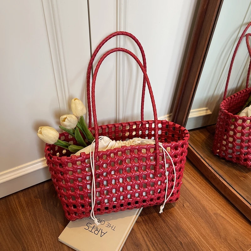 PU Solid Color Hollow Out Shoulder Bags Summer Large Capacity 2025 Hot Sale Bags for Women Vacation Commuting Women's Handbag