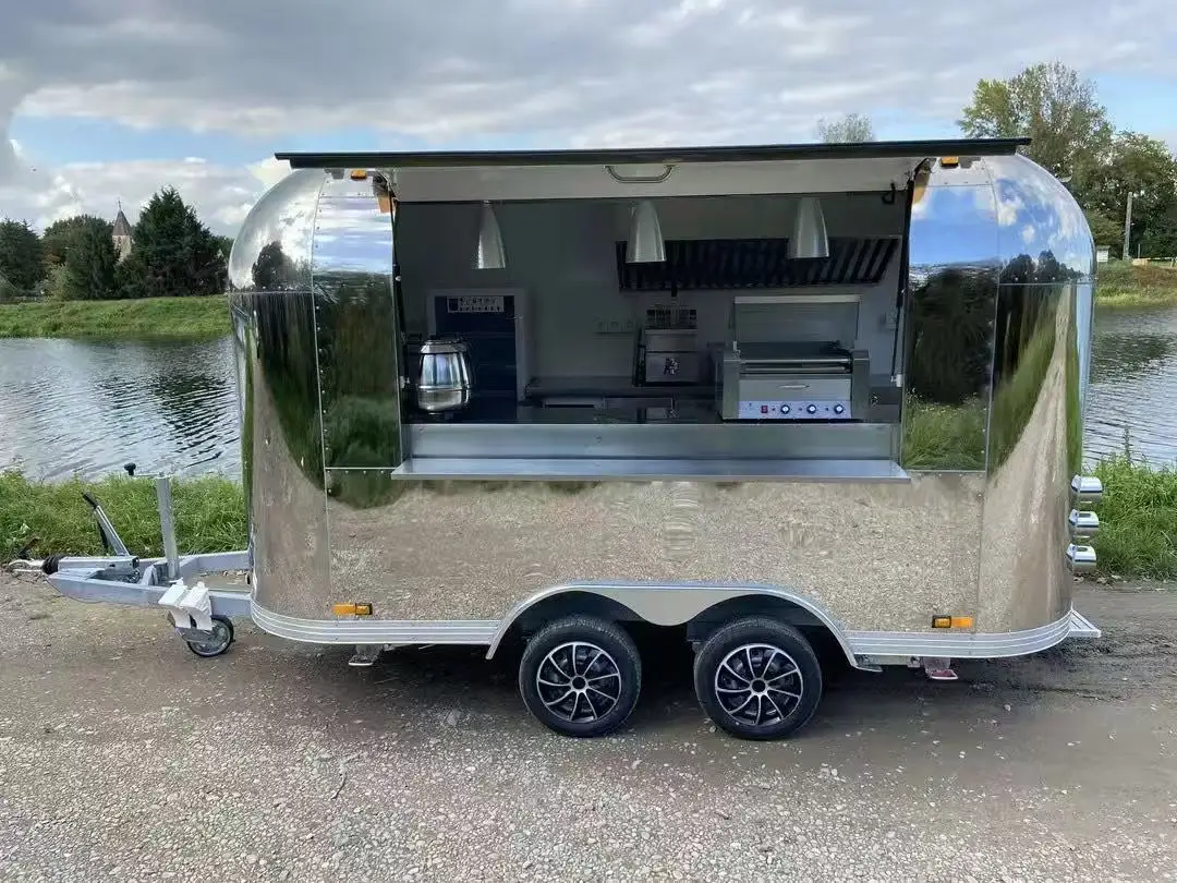 

Stainless Steel Mobile Coffee Bar Cater Trailer Fully Equipped Hot Dog BBQ Pizza Snack Fast Food Truck with Full Kitchen
