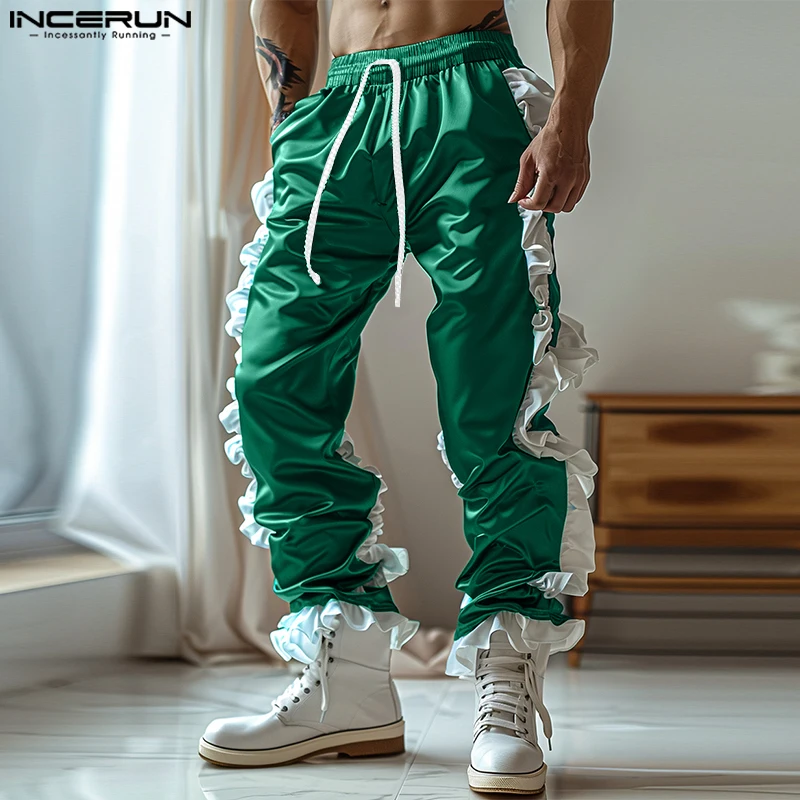 

2024 INCERUN Men Causal Ruffles Long Pants American Fashion Edge Of Waving Ninth Trousers Handsome Men Loose Commuting Bottoms