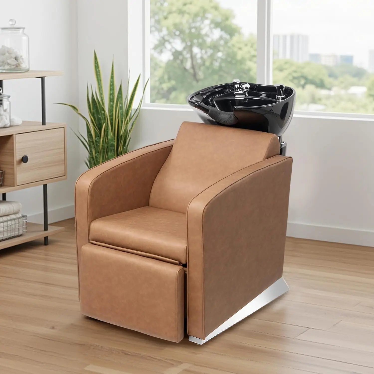 

Reclining Backwash Barber Chair with Ceramic Shampoo Bowl Footrest Plumbing Kit Barbershop Spa, Customized