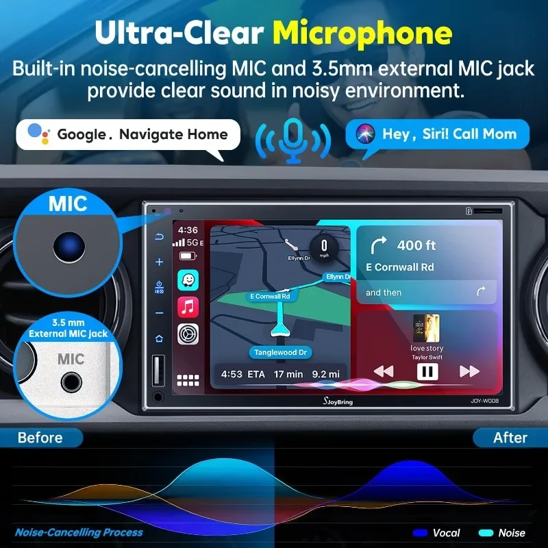 ستيريو سيارة مزدوج الدين مع Carplay لاسلكي، Android Auto، شاشة لمس سعوية عالية الدقة 7 بوصة - بلوتوث،