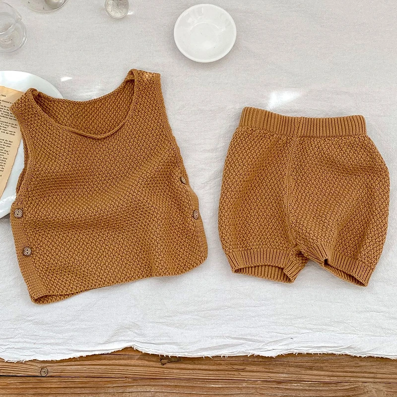 Infant Striped Knitwear Clothing Suit Toddler Child Fashion Baby Girl Boy Knitted Clothes Set Vest+Shorts 2PCS Short Sleeve Suit