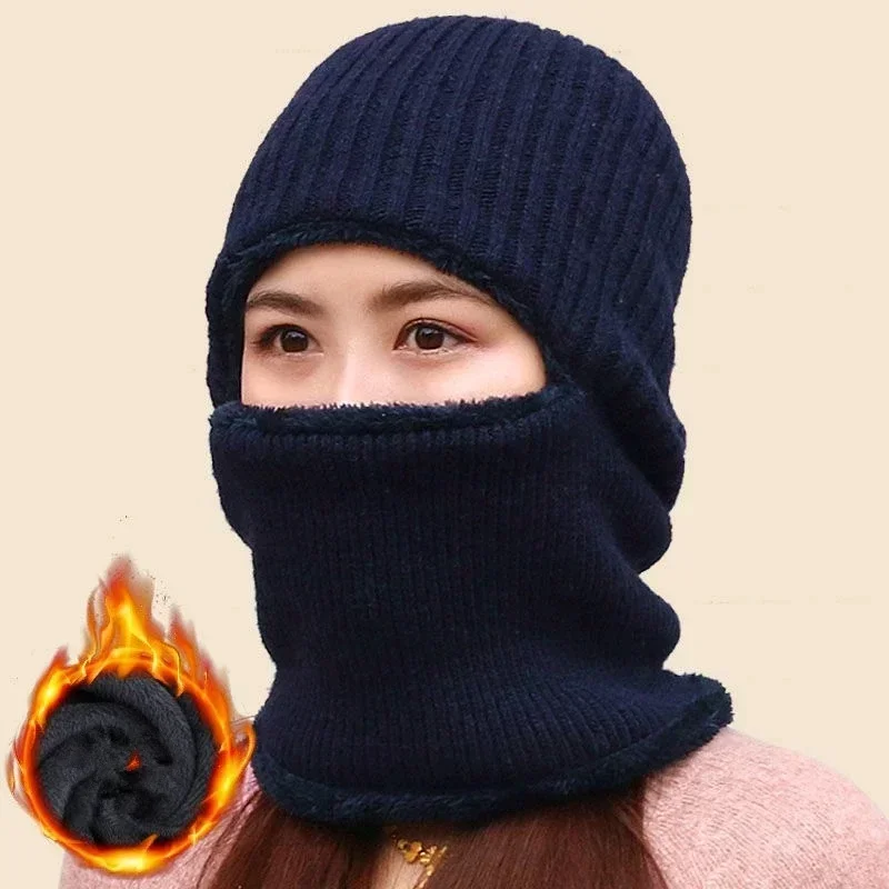 1Pcs Unisex Coral Fleece Knitted Double‑Layer Hat Scarf Warm Breathable Winter Cap Outdoor Cold‑Proof Casual Headwear Supplies