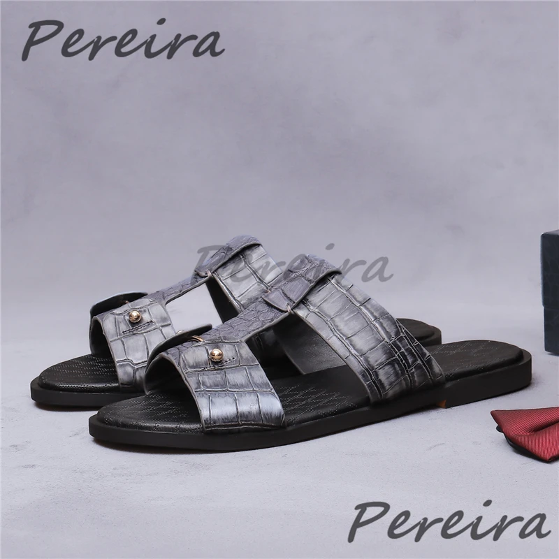 Luxury Crocodile Patterned Genuine Leather Men Slippers Fashion Handmade Round Toe Flat Sandals Outdoor Breathable Casual Shoes