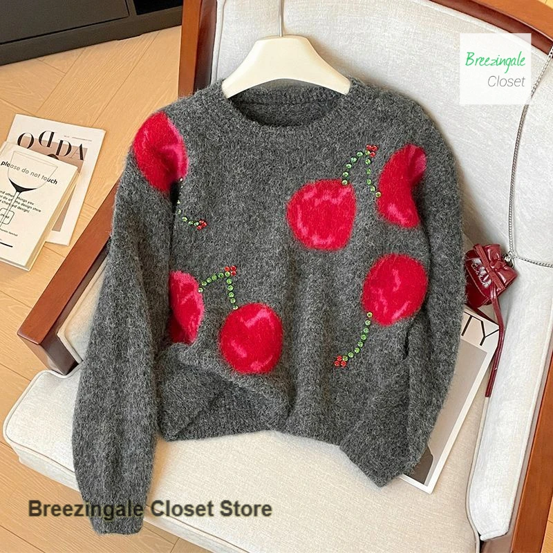 

French high-quality heavy-duty beaded sweater women's autumn and winter new cherry jacquard round neck long-sleeved sweater