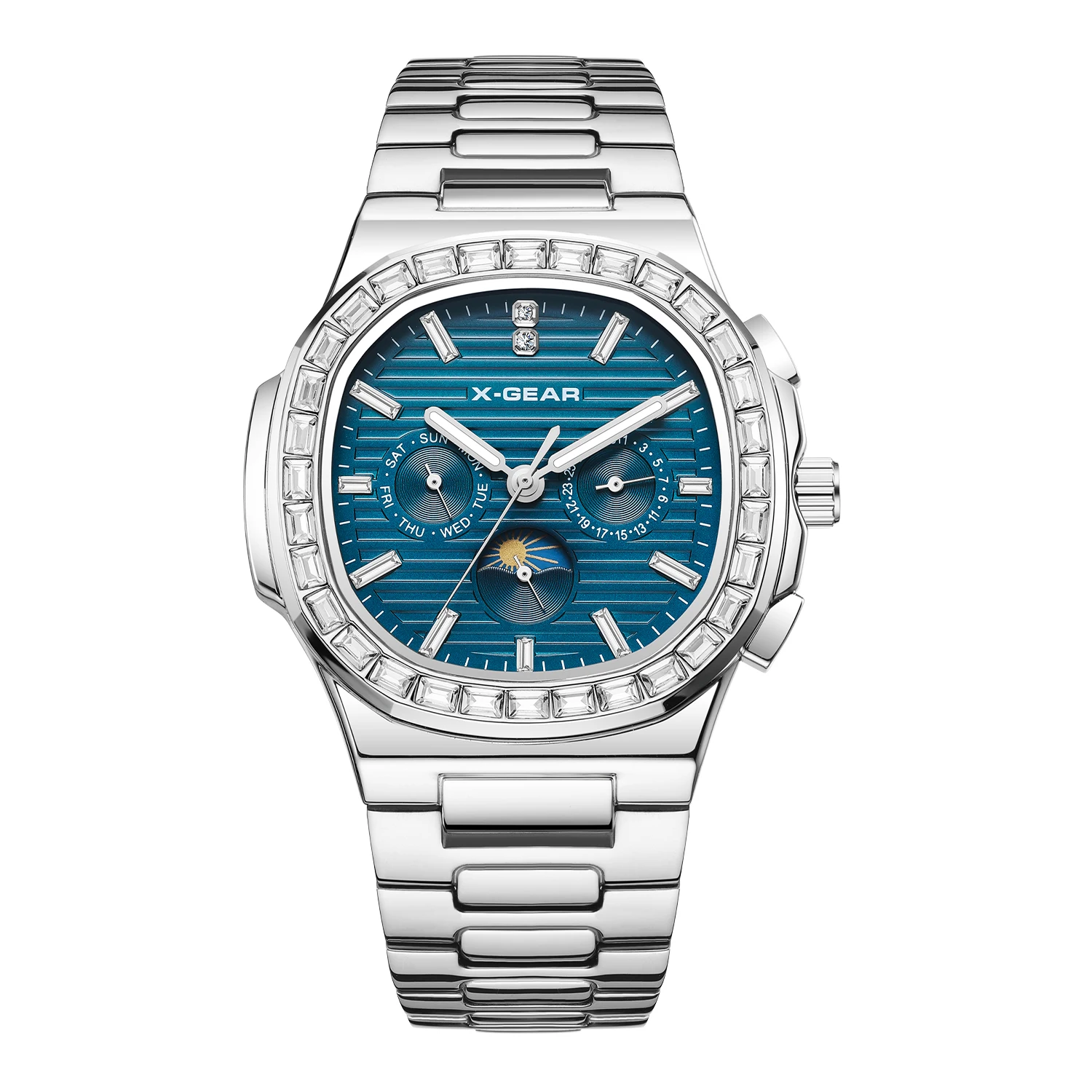 ساعة X-GEAR للرجال ساعات آلية أوتوماتيكية حزام فولاذي مقاوم للماء مرحلة القمر ساعة اليد التقويم الأسبوعي