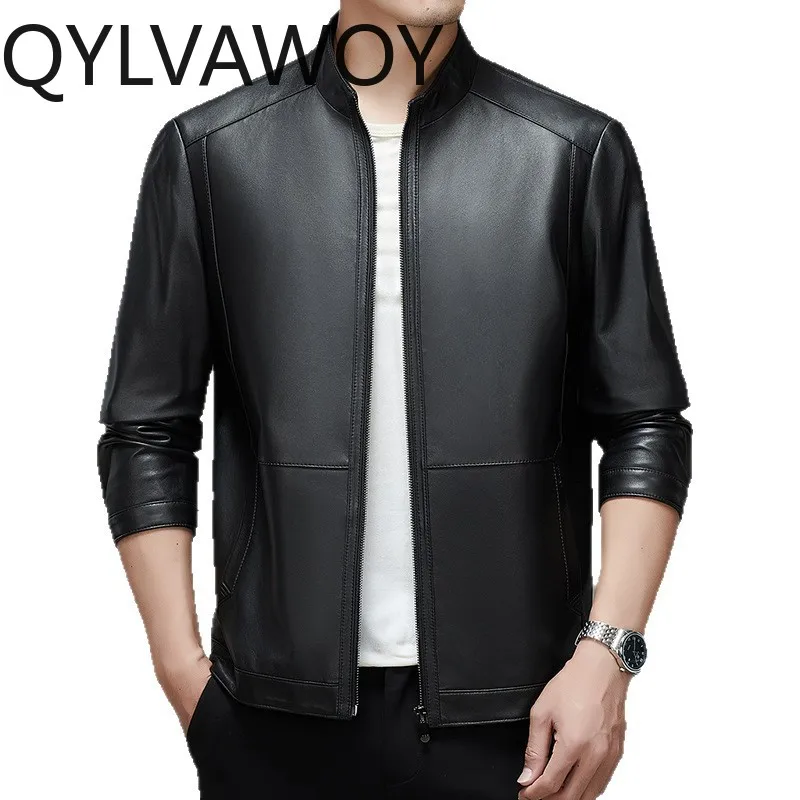 

QYLVAWOY Real Man Leather Jacket Sheepskin Man Jacket Stand Collar Leather Jackets for Man Stylish Leather Coat Tops Chaqueta