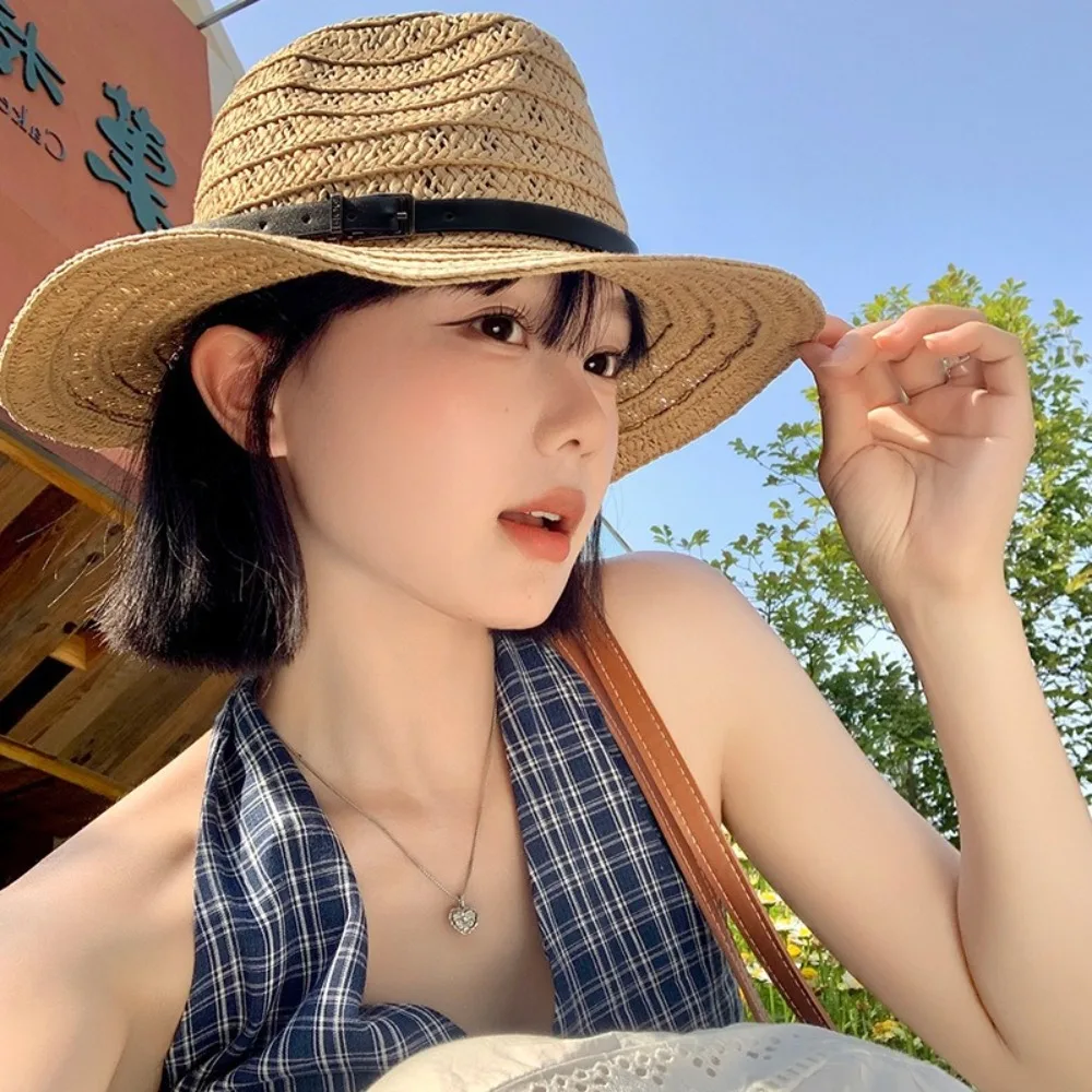 

Trendy Hollow Hollow Straw Hat Jazz Leather Buckle Western Cowboy Hat Sunscreen Wide Brim Visor Cap Summer