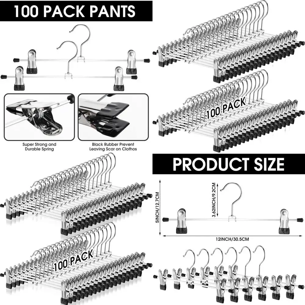 

Adjustable Metal Pants Hangers with Clips, Silver and Black, 100-Pack for Space-Saving and Heavy-Duty Clothing Organization