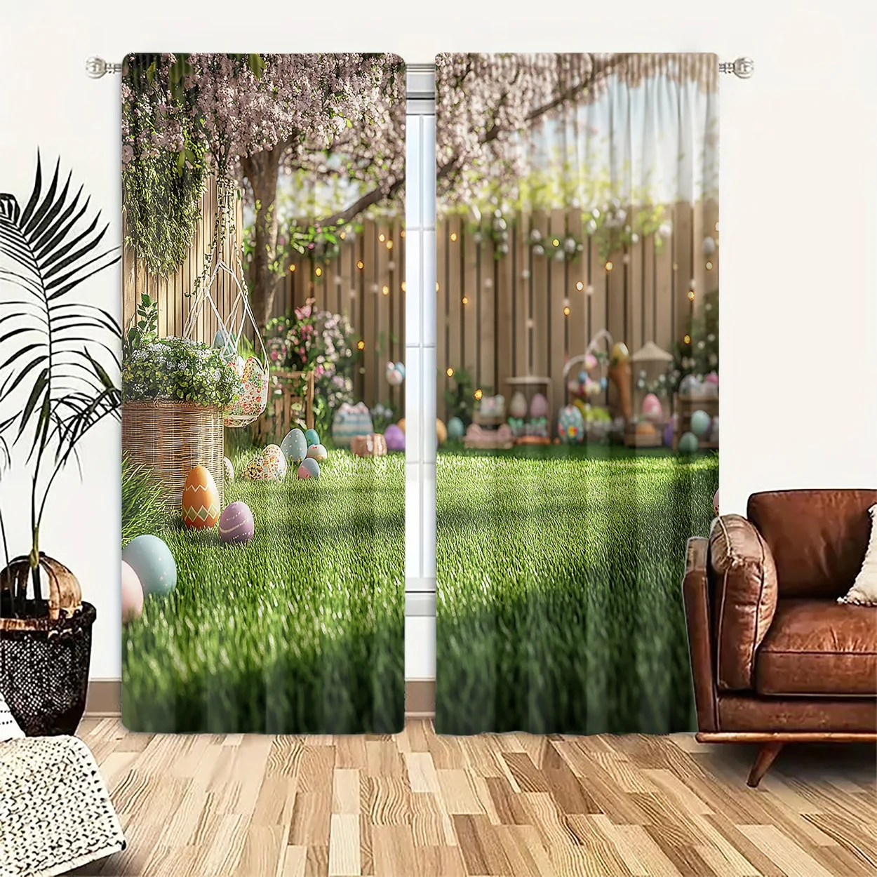 Easter Egg Cherry Blossom Curtain 2 Panels, Spring Lawn Fence Fairy Light Pastel Egg Green Print, Drapes Bedroom Holiday Curtain