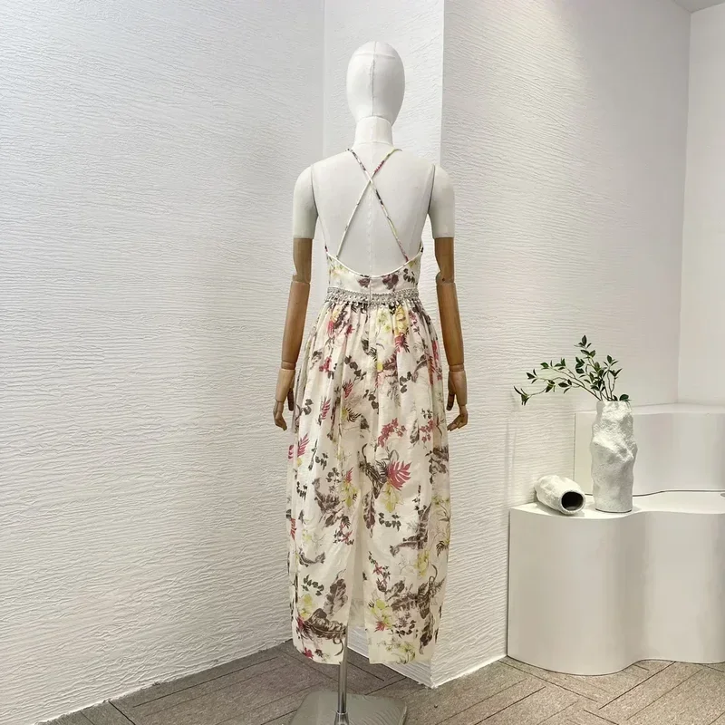 Diamonds 2023 Vintage Floral Print Waist Sleeveless Silk Linen High Quality Cross Straps Slit in Back Center Women Midi Dress