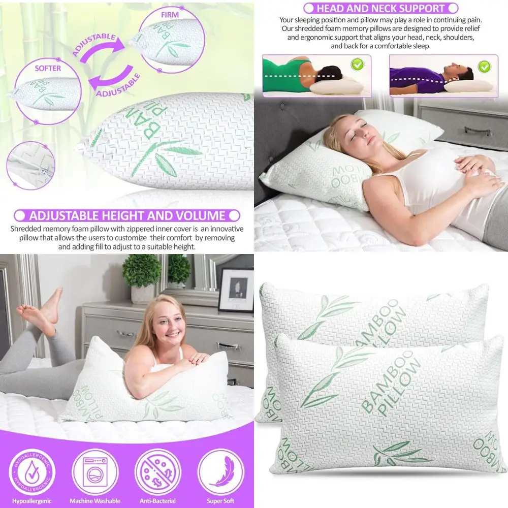 

King Size Cooling Memory Foam Pillows Set of 2 - Shredded Foam with Bamboo Rayon Cover for Various Sleep Positions