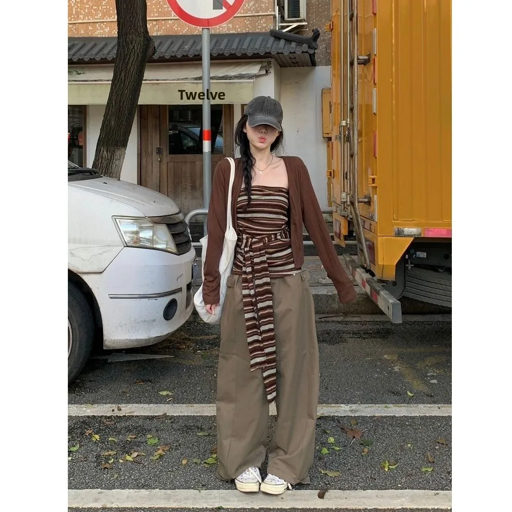

Retro Color Block Striped Two Piece Set Women's Casual Style Spring Autumn 2025 New Open Cardigan Lazy Fashion Ensemble
