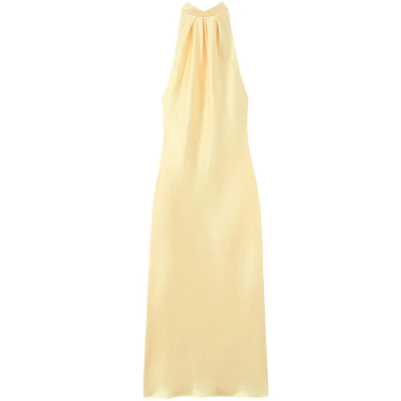 Summer 2025 New Women's Satin Long Midi Dr Hanging Ne Collar Gown Ele Sle No Sve Premium Quali Faionable Dr
