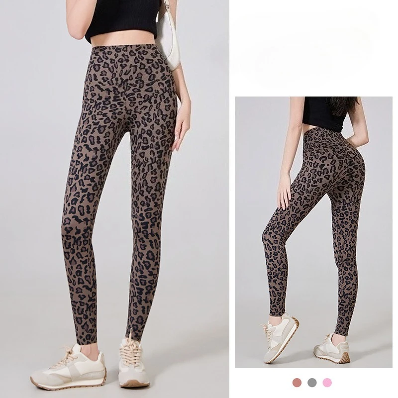 حجم كبير ليوبارد طباعة المرأة ربيع الخريف ارتداء عالية الخصر رقيقة التمويه اليوغا القرش الرياضة طماق القدم الصغيرة