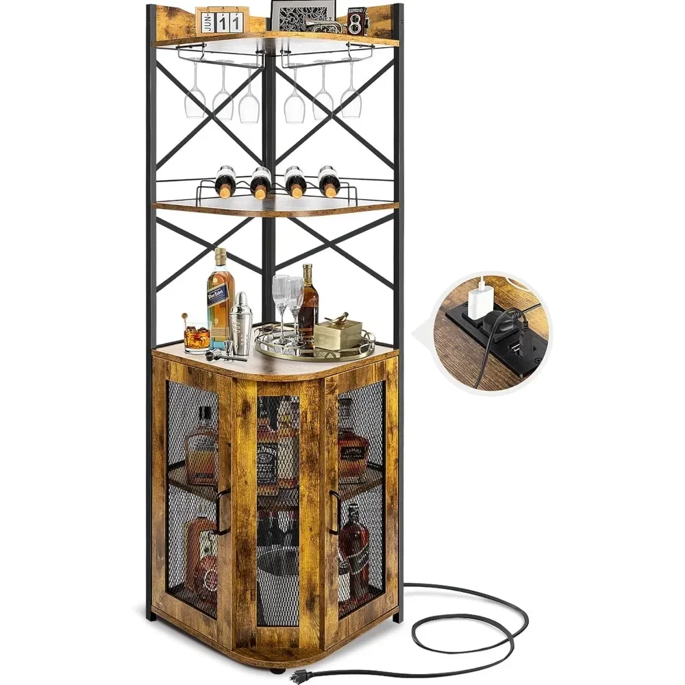 Угловой барный шкаф с розетками, винный шкаф со стеклянным и винным держателем, 5-ярусный шкафчик для ликера, высокие барные шкафы