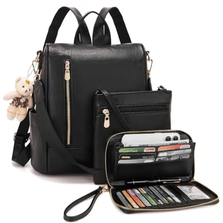 

Женский модный рюкзак-сумка, кожаная сумка через плечо с защитой от кражи, дорожная сумка с несколькими карманами, набор из 3 предметов: сумка, кошелек.