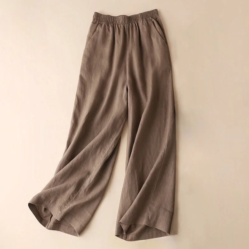 

1P Summer Women Elastic Waist Loose Cotton Linen Solid Color Wide Leg Pants Straight Tube Trousers Breathable Loose Drape Casual