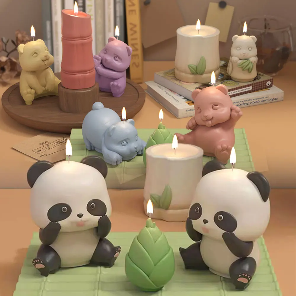 3D Bamboo Shoot Facepalm Animal Panda Silicone Mold Lying Down Little Bear Candle Resin Making Painting Plaster Doll Room Decor