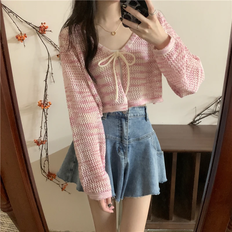 Hollow Out Cardigan Women Loose Tender Lace Up V-neck Summer Long Sleeve Outwear Sun-proof Popular Office Casual Young Ulzzang