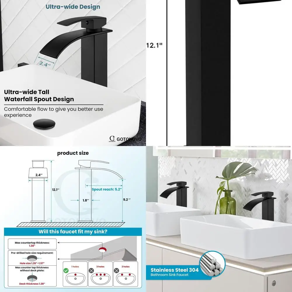 

Modern Matte Black Single Handle Tall Bathroom Faucet with Pop-Up Drain for 1-Hole Vessel Sinks