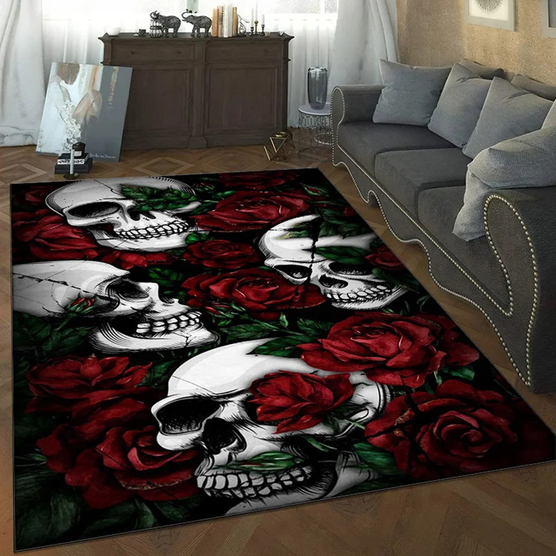 1pc 2D Flat Printed Area Rug, Halloween Skull & Rose Design, All Season Versatile Indoor Decor Rug, Large Size, for Living Room