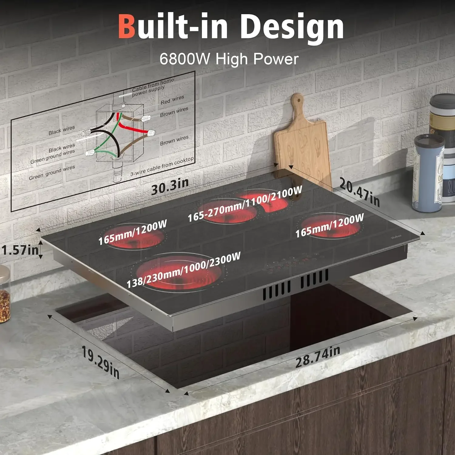 Electric Cooktop, 4 Burner Radiant Electric Stove Top, 6800W Built-in 30 Electric Ceramic Stove with Dual Oval Zone, Glass Prote