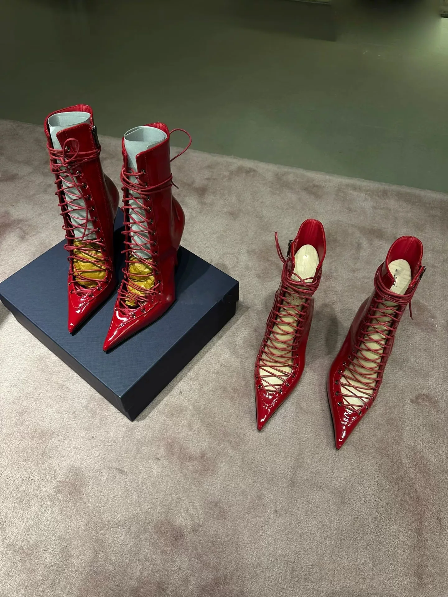 Red Patent Leather Pointed-Toe Lace-Up Ankle Boots Stiletto Heels Sexy High-Heeled Fashion Booties Cutout Details Mid-Calf Boots