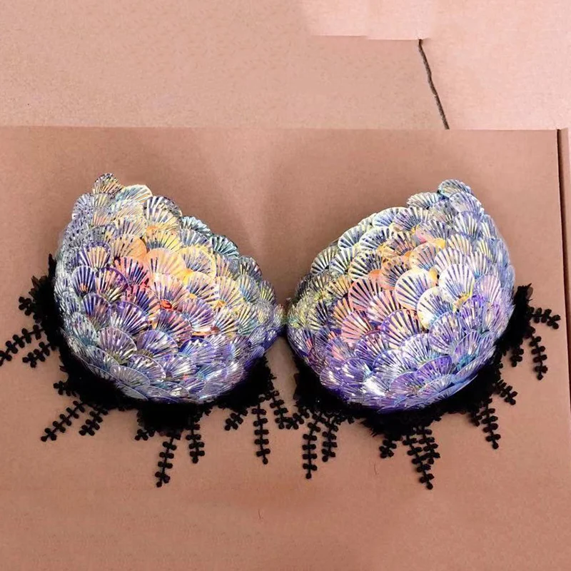 Customized Mermaid Bra Shell Sequins Large Cups Oceanarium Performance Costumes With Cushions Fishtail Bra Bikini Corset